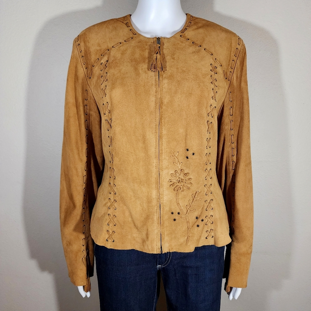 (EUC) DOUBLE D RANCH Tan Soft Suede Jacket with Leather Embroidery & Stitching